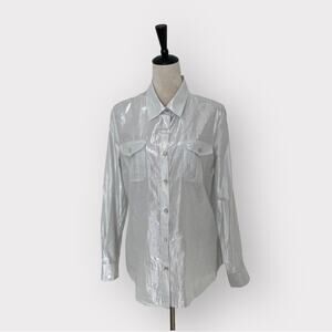 Ruby Rd Button Up Classic Shirt Metallic Silver White